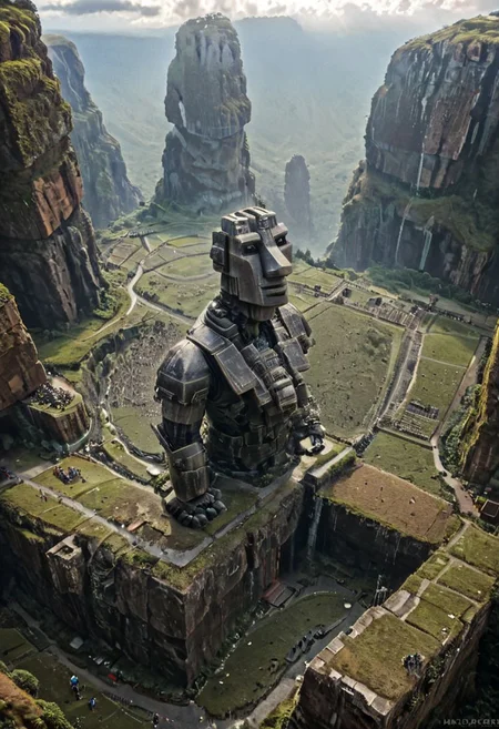 (Moai statue WITH Huge  mecha robots:1.5), 
(Ancient megalithic civilization, Azka Lines, on Easter Island:1.1), (The colonial city of the future, in the mist-filled Grand Canyon, on an unknown Earth-like planet, 2 moon on sky, Spaceship flight connects colonies, waterfulls:1), (Machu Picchu, a mountain settlement, incredibly spectacular:1),  (avant-garde, future, reality, science fiction, photorealistic), White limestone with black granite, fountain, waterfall, landmark, square, path, narrow street, (Large Files, Ultra Realistic, 8K, 16k, FHD, HD, VFX, Perfect, Photography, composition, Architecture Sales Photography, Architecture Competition, Ultra High Resolution, Cinematography, High Resolution Image:1), (dramatic lighting, direct sunlight, ray tracing, clear shadow:1), (real landscape:1), (blurred background:1.0), (urban background, more_details) ,
extremely detailed, industrialbuilding, drdnght machine, spstation, mayamaze, caveruinsAerial