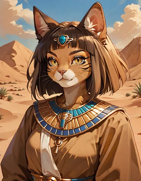 score_9, score_8_up, score_7_up, source_anime, (cat girl), furry body, brown fur, (dressed in egyptian clothing), desert background, character portrait, upper body, rating_safe, <lora:Anime_Furry_Style:1>