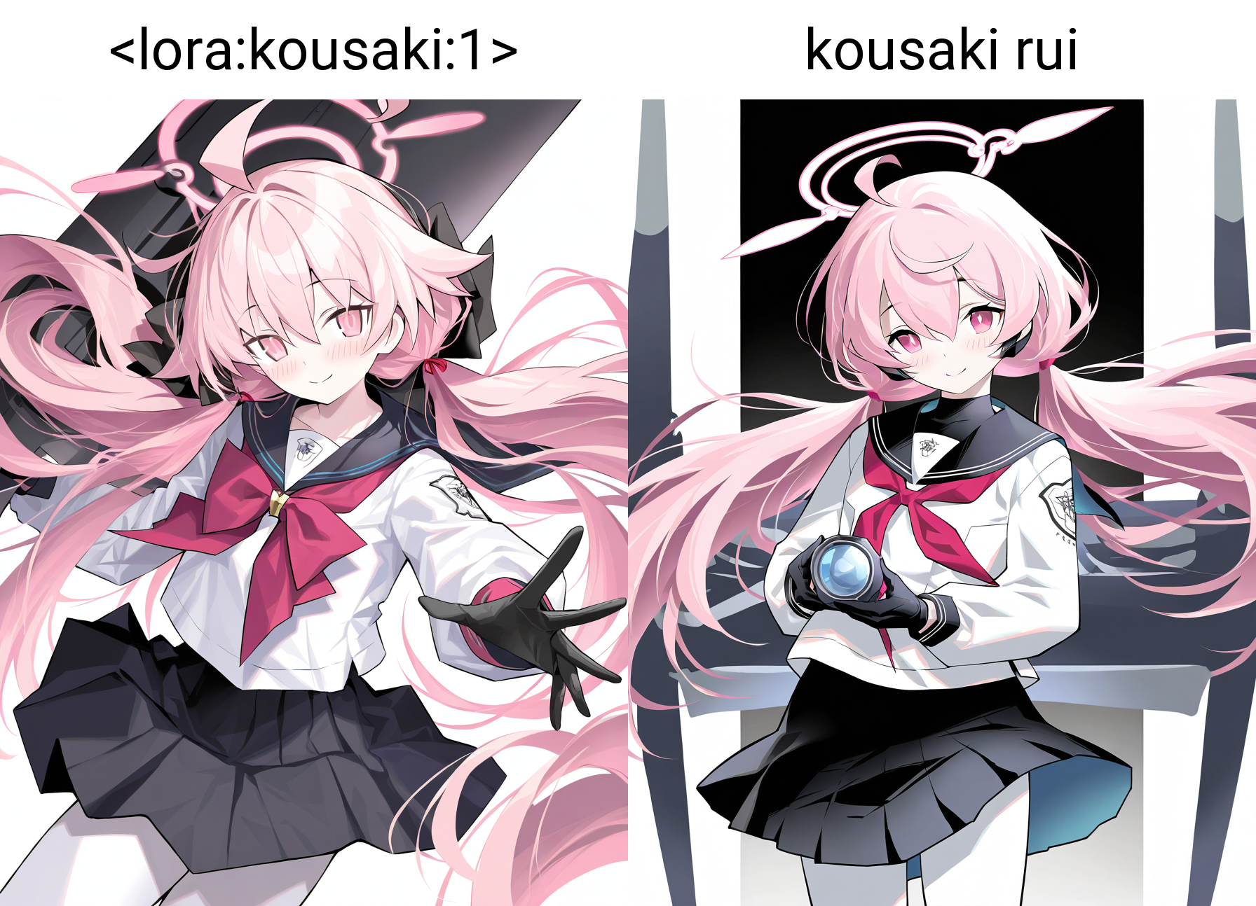 1girl,solo,looking at viewer,simple background,white background,cowboy shot,kousak1,solo,looking at viewer,simple background,white background,cowboy shot,skirt,aircraft,white pantyhose,school uniform,sailor collar,blush,neckerchief,long sleeves,pink hair,twintails,ahoge,closed mouth,black sailor collar,smile,pantyhose,long hair,hair between eyes,shirt,black skirt,black gloves,serafuku,pink halo,red neckerchief,low twintails,pleated skirt,white shirt,gloves,pink eyes,halo,holding,<lora:kousaki:1>,, masterpiece, best quality, very aesthetic, absurdres,newest, incredibly absurdres,