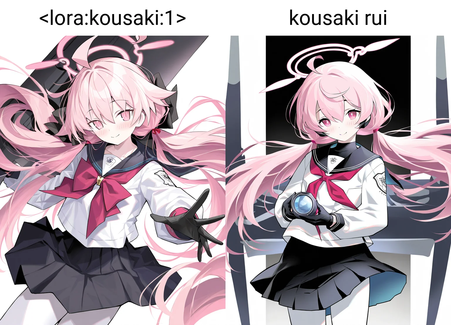 1girl,solo,looking at viewer,simple background,white background,cowboy shot,kousak1,solo,looking at viewer,simple background,white background,cowboy shot,skirt,aircraft,white pantyhose,school uniform,sailor collar,blush,neckerchief,long sleeves,pink hair,twintails,ahoge,closed mouth,black sailor collar,smile,pantyhose,long hair,hair between eyes,shirt,black skirt,black gloves,serafuku,pink halo,red neckerchief,low twintails,pleated skirt,white shirt,gloves,pink eyes,halo,holding,<lora:kousaki:1>,, masterpiece, best quality, very aesthetic, absurdres,newest, incredibly absurdres,