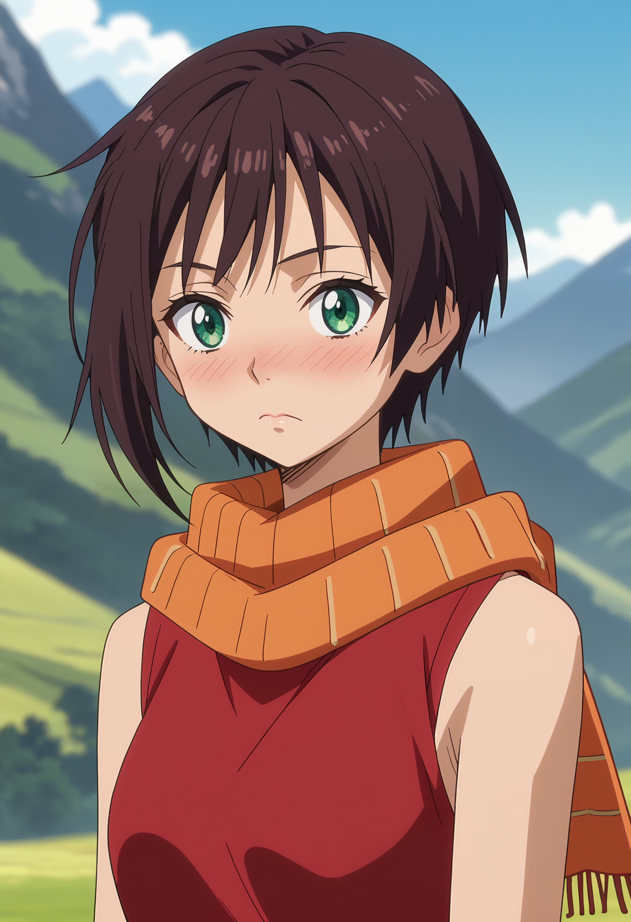 score_7_up, anime screencap,
<lora:TenSura_SoukaXL:0.9>, SoukaTS,
1girl, solo, closed mouth, close-up, nose blush,
short hair, brown hair, green eyes,
orange scarf, sleeveless, red shirt,
looking at viewer,
blurry background, outdoors, mountains, blue sky