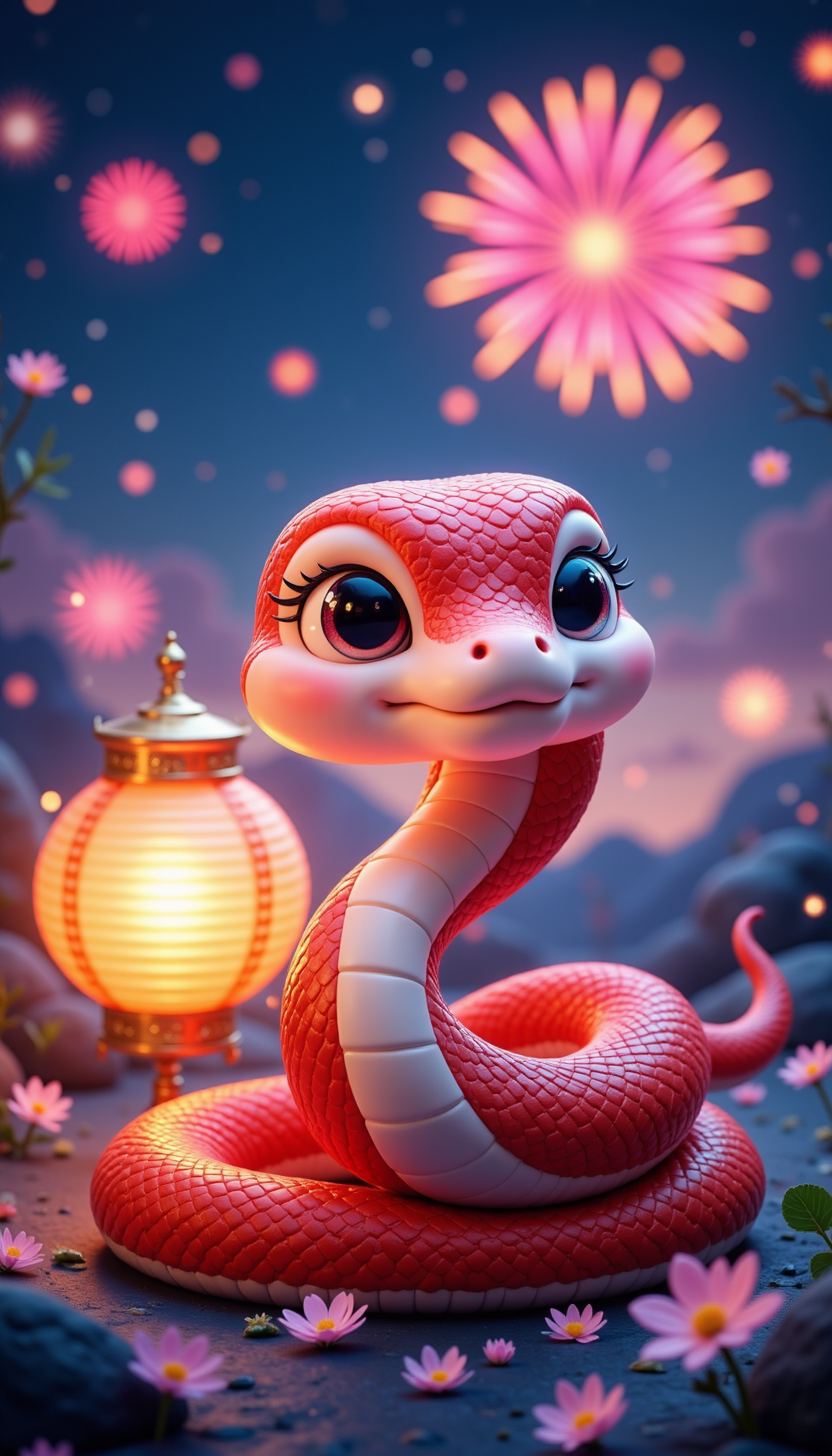 pinkchibisnakeyear,
A crimson and gold snake curled around a glowing lantern, surrounded by fireflies and distant fireworks, magical night scene.