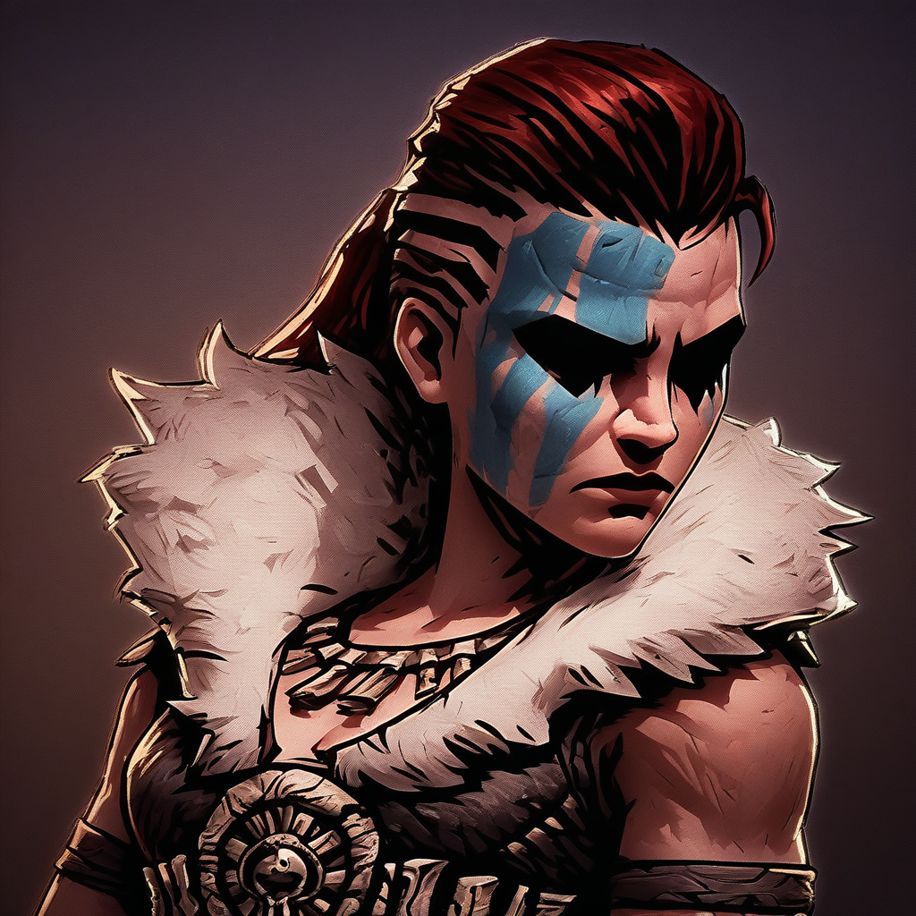 score_9, score_8_up, score_7_up, masterpiece, best quality, newest, absurdres, highres, DDstyle, official style, black eyes, shaded eyes, 1girl, HellionDD-Il.V1.0, jewelry, necklace, red hair, armor, leather armor, fur coat, red hair, tribal, clevage,