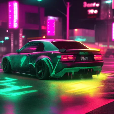 a photo of a car parked in a parking lot with neon lights on it's side and a bank sign in the background, art by carstestv3