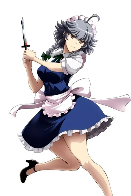 izayoi sakuya,
1girl, ahoge, apron, between fingers, blue dress, bow, braid, brown eyes, dress, frilled dress, frills, green bow, grey hair, hair ribbon, high heels, holding, holding knife, holster, knife, knife sheath, knives between fingers, legs, maid, maid apron, maid headdress, puffy short sleeves, puffy sleeves, ribbon, sheath, short hair with long locks, short sleeves, signature, simple background, solo, thigh holster, thighs, tress ribbon, twin braids, v-shaped eyebrows, white apron, white background,
masterpiece, best quality, very aesthetic, absurdres, pixiv, anime coloring