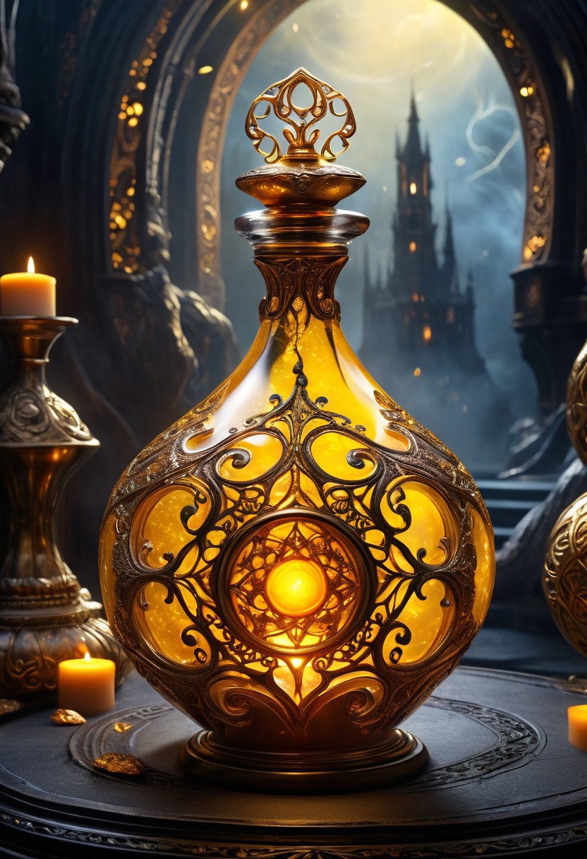 Score_9, Score_8, high_def, highest quality, 8k, best quality, masterpiece, focused, defined, Photorealistic magic potion, ornate glass bottle, elixir, neon yellow and deep orange, swirling with ethereal mist and glowing runes, wax seal embossed with ancient symbols, intricate swirling patterns, potion glow, luminous liquid, dynamic reflections, intense magical shimmer, highly detailed, fantasy essence, bubbling liquid, radiant glow, adorned with intricate metallic filigree, floating particles of stardust, arcane energy crackling around the bottle, surrounded by a faint aura of icy light, mystical fog curling at its base, glowing motes of light drifting upward, as if the potion itself is alive with raw, untamed power