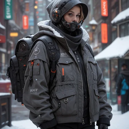 score_9, score_8_up, score_7_up, score_6_up, score_5_up, score_4_up, source_photo, source_real, snow, techwear, solo, gloves, long_sleeves, standing, jacket, pants, hood, bag, blurry, no_humans, blurry_background, backpack, helmet, robot, mecha, 1other, zipper, science_fiction, realistic, humanoid_robot, Vivid Colors, high Contrast,