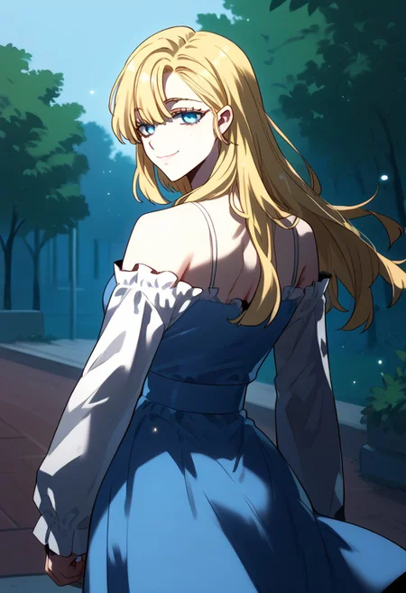 zPDXL3, score_9_up, score_8_up, score_7_up, (Anime_source), 1girl, JuyriLee, blue eyes, blonde hair, long hair, mole under eye, dress, (looking back), upper body, looking at viewer, smile