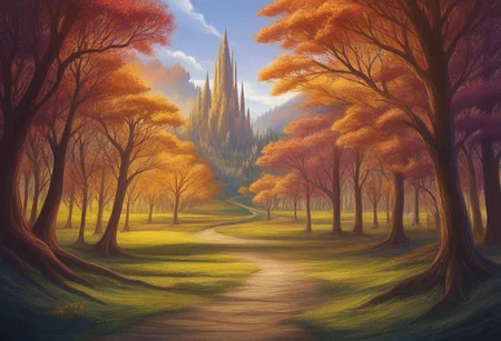 Autumn landscape, Fantasy world, Video game art, Golden trees, Orange foliage, Red trees, Green grass, Winding path, Cartoonish style, Vibrant colors, Hilly terrain, Peaceful scene, Nature, Outdoors, Bright sky, Stylized trees, Rolling hills, Scenic view, Epic fantasy landscape, Enchanted forest, Magical creatures, Whimsical style, Storybook style, Detailed, High-fantasy art, Dreamlike style, Fairy-tale style, Romantic, Ethereal, Atmospheric, Lush landscape, Painterly style, Illustration, Digital painting, Concept art, 2D game, Colorful, Serene, Painterly, Scenic, Detailed world-building.