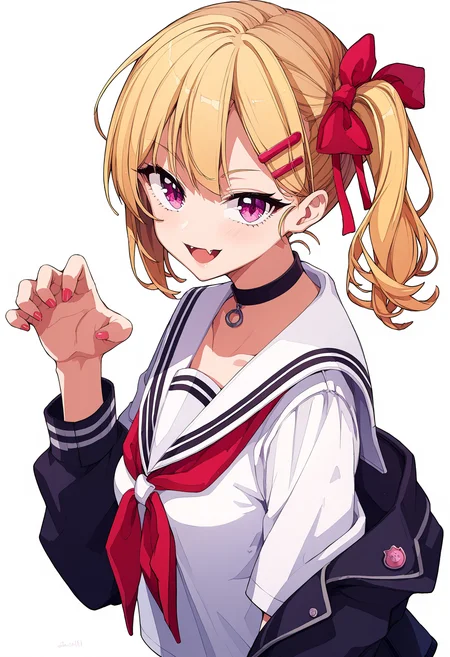 score_9, score_8_up, score_7_up,source_anime,rating_explicit,uncensored,anatomically correct,best perspective BREAK
osanai0804style<lora:osanai0804styleV1.5:1>
1girl, paw pose, from side, looking at viewer,
naughty face, upper teeth only, fang, open jacket, school uniform,
light_blonde_hair, side ponytail, hair ribbon, choker, hairclip,