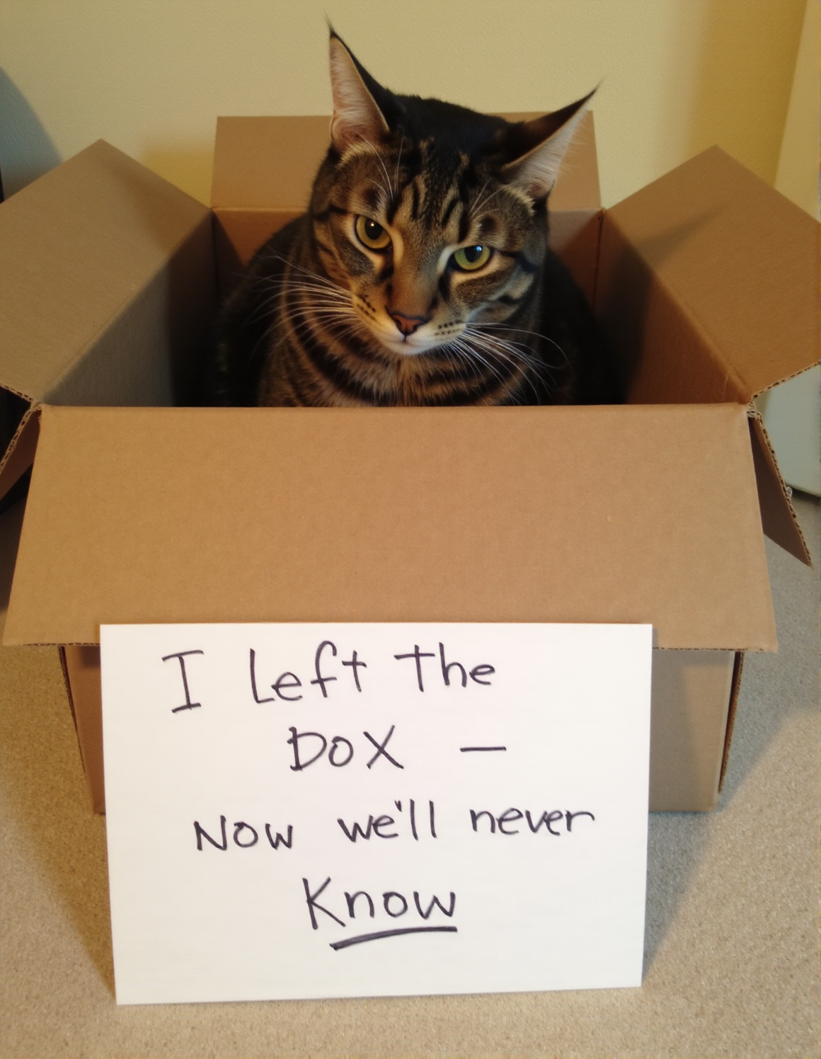 sh4m3 a high resolution photo  of a cat inside a box with a sign in front of it that says with handwritten text: "I left the box - now we'll never know" <lora:Meme_soph-CatShame-FLUX:1>.