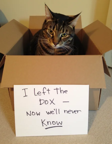 sh4m3 a high resolution photo  of a cat inside a box with a sign in front of it that says with handwritten text: "I left the box - now we'll never know" <lora:Meme_soph-CatShame-FLUX:1>.