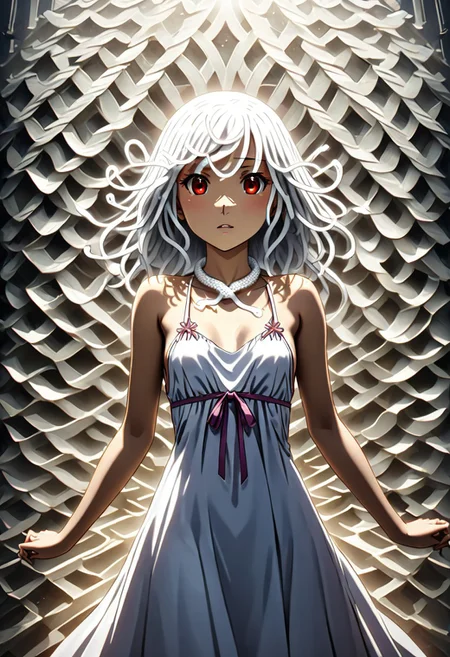source anime, anime style, official art, "Sengoku Nadeko wrapped by a pale white snake around her neck, glowing under soft, eerie lighting, surrounded by detailed scales, mixed with a surreal and unsettling atmosphere, photorealistic textures." white_hair, red_eyes, medium_hair, snake_hair, small_breasts, WHITE DRESS, <lora:SDXLFaeTastic2400:0.4> <lora:extremely_detailed:0.4> extremely detailed, <lora:sn4ke:1>,sn4ke, Masterpiece,best quality,hi res,8k,hi res,8k,award winning,(sharp focus, intricate, highly detailed), rating:safe