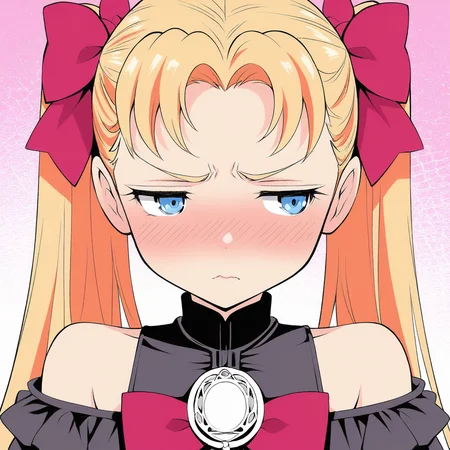 <lora:IL_Johnny_ko_Ingrid0 (1):0.8>,Johnny_ko,j_Ingrid,blue eyes,long hair,blonde hair,red hair bow,twintails,off-shoulder gothic dress,looking away,jitome,displeased,blush,embarrassed,close-up of face,, masterpiece, highres, absurdres, detailed background, newest, best quality, good quality, amazing quality, great quality, very aesthetic