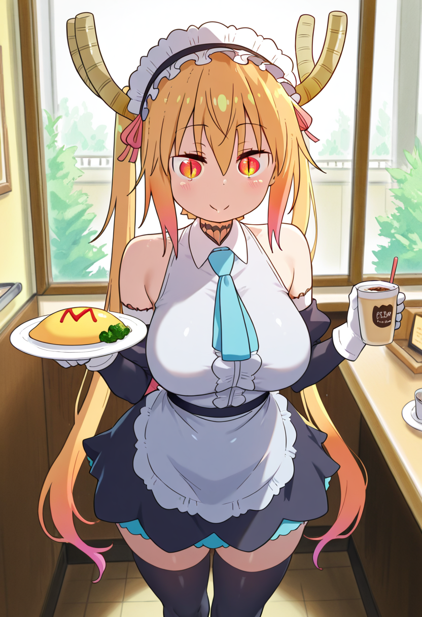 best quality, masterpiece, absurdres,  tohru \(maidragon\), cafe maid, omelet, blue necktie, restaurant,  thighhighs, <lora:tohru_maidragon:1.4>