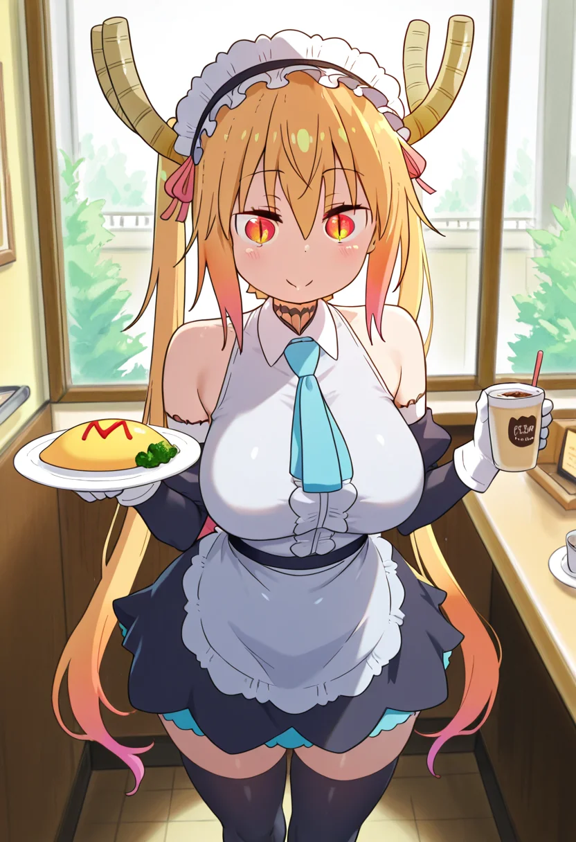 best quality, masterpiece, absurdres, tohru \(maidragon\), cafe maid, omelet, blue necktie, restaurant, thighhighs, <lora:tohru_maidragon:1.4>