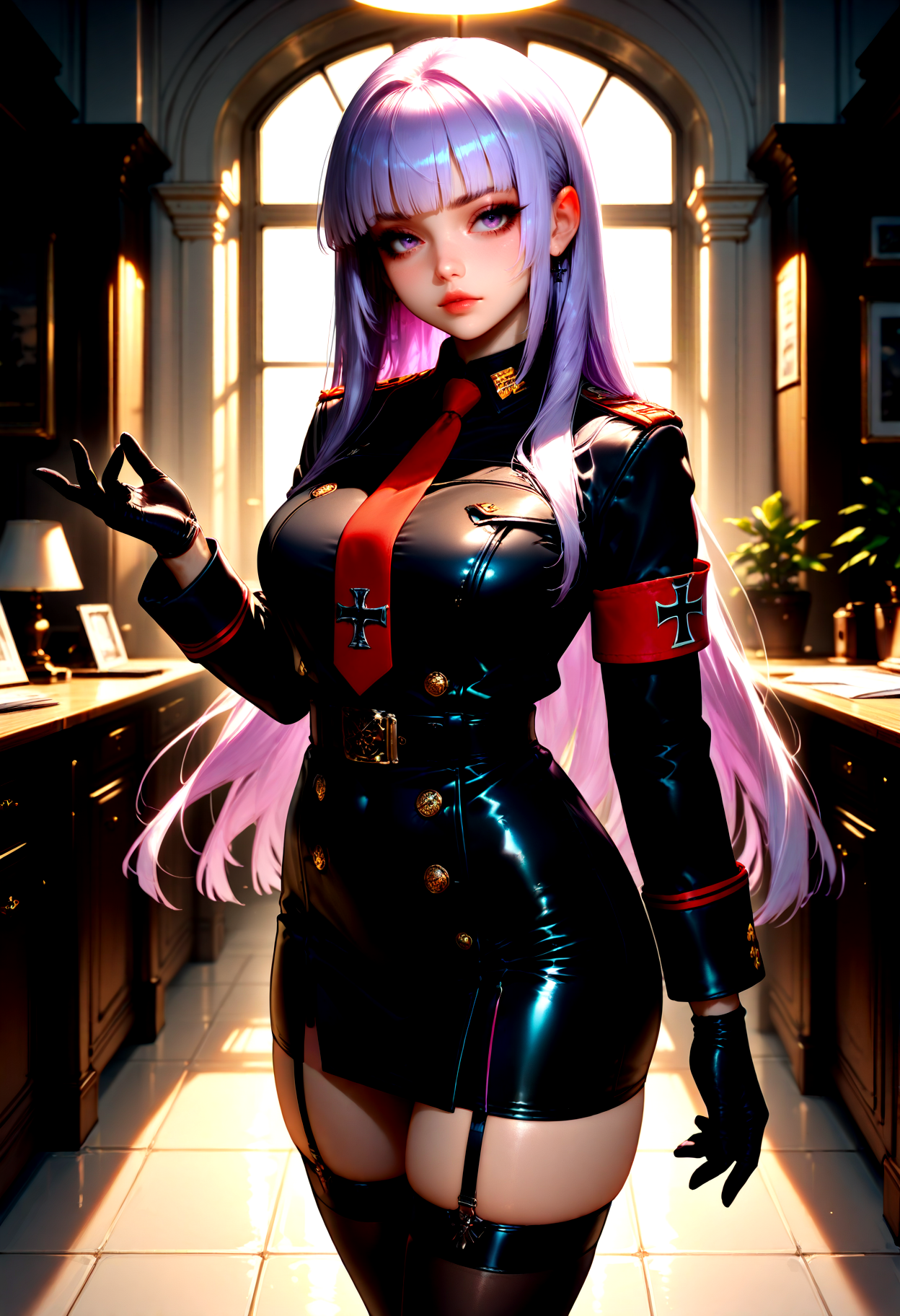 IllusP0s, 1girl, kmsMajor, purple hair, hime cut, upper body, standing, dynamic pose, detailed hands, facing viewer, office background, inside, window light, volumetric lighting  <lora:mmnj:1>