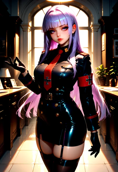 IllusP0s, 1girl, kmsMajor, purple hair, hime cut, upper body, standing, dynamic pose, detailed hands, facing viewer, office background, inside, window light, volumetric lighting <lora:mmnj:1>