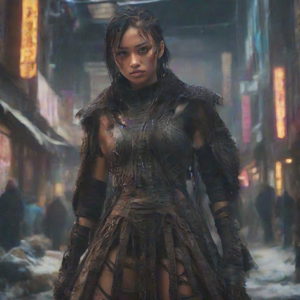 ((masterpiece, best quality, highly detailed)), cowboy shot, an asian skinned woman, stunning looks, demobaza, demobaza, The Hateful Eight film style, flaming sword, sword in each hand, sword in both hands, wearing an unusual dress, black combat boots, in the city, cyber punk background, neon lights, short hair, brown eyes, demobaza, cyberpunk style, cyberpunk