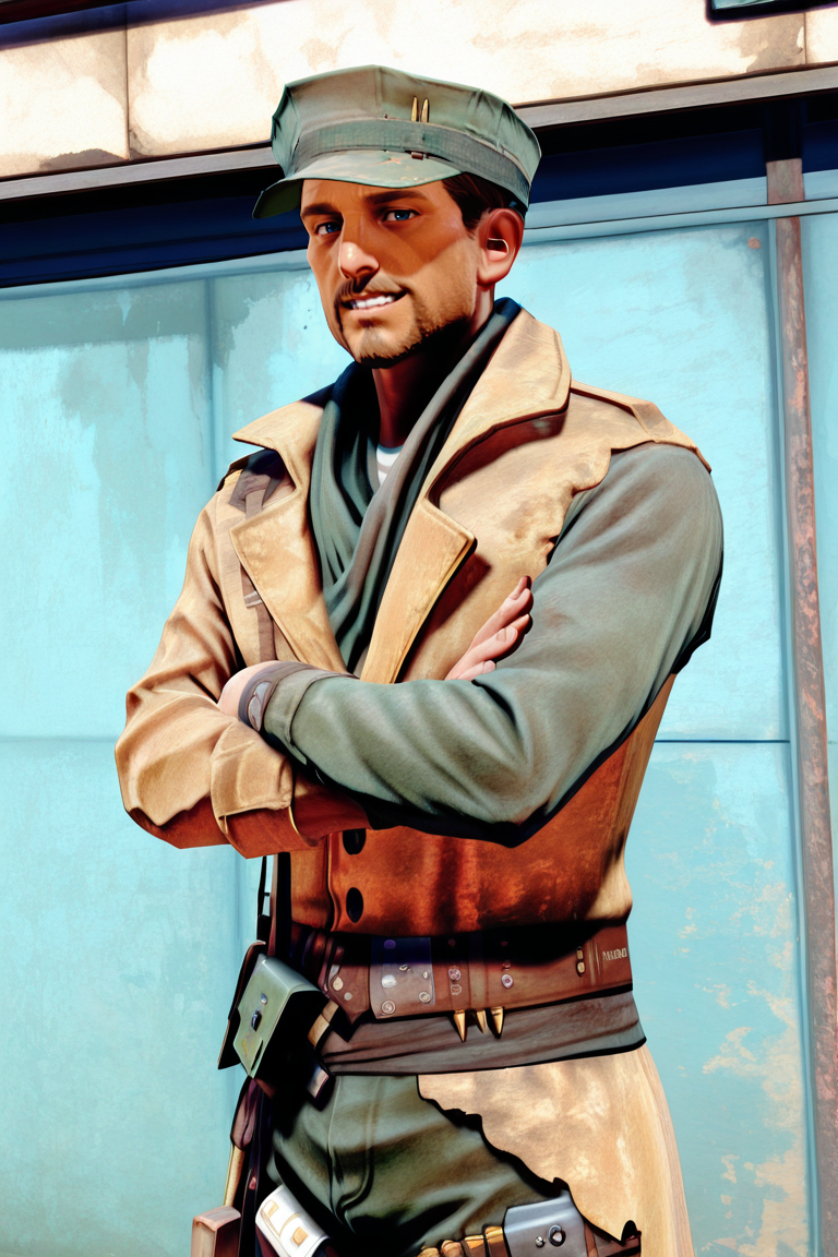 score_9, score_8_up, score_7_up, score_6_up, perfect anatomy, perfect proportions, best quality, masterpiece, high_resolution, high quality, best aesthetic, incredibly absurdres, highres, extremely detailed, huge filesize, solo male, adult, mature, masculine, manly, handsome, charming, alluring, standing, upper body, dutch angle, cowboy shot, perfect face, source_game \(Fallout 4\), official style \(Fallout 4\), Robert MacCready\(Fallout 4\), FO4MacCready, brown hair, short hair, blue eyes, facial hair, beard, MacCready_Outfit, white undershirt, tan duster coat, heavily damaged leather duster, green scarf, utility cover, utility cap with two rifle rounds, combat webbing sling, olive green fatigues pants, tactical pouch on right thigh, leg bandolier, Fallout 4 location, grin, arms_crossed, low angle, from below