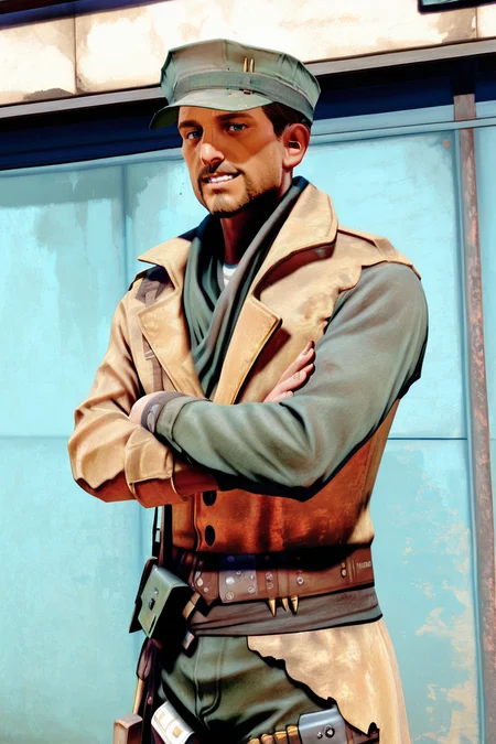 score_9, score_8_up, score_7_up, score_6_up, perfect anatomy, perfect proportions, best quality, masterpiece, high_resolution, high quality, best aesthetic, incredibly absurdres, highres, extremely detailed, huge filesize, solo male, adult, mature, masculine, manly, handsome, charming, alluring, standing, upper body, dutch angle, cowboy shot, perfect face, source_game \(Fallout 4\), official style \(Fallout 4\), Robert MacCready\(Fallout 4\), FO4MacCready, brown hair, short hair, blue eyes, facial hair, beard, MacCready_Outfit, white undershirt, tan duster coat, heavily damaged leather duster, green scarf, utility cover, utility cap with two rifle rounds, combat webbing sling, olive green fatigues pants, tactical pouch on right thigh, leg bandolier, Fallout 4 location, grin, arms_crossed, low angle, from below