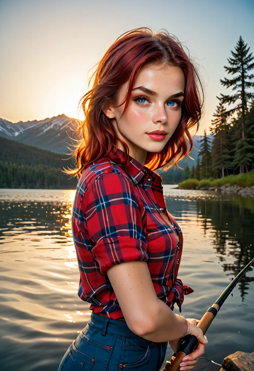 score_9, score_8_up, score_8, score_9, pov, 1girl, dynamic angle, dynamic pose, dynamic lighting, beautiful young woman, red hair, freckles, tucked in flannel shirt, blue jeans, medium breasts, (blushing), perfect anatomy, casting fishing rod, fishing with fishing rod, on idyllic lake shore in the mountains, pine trees, birds, blue sky, sun <lora:RealPrincess_v2_r1:0.8>