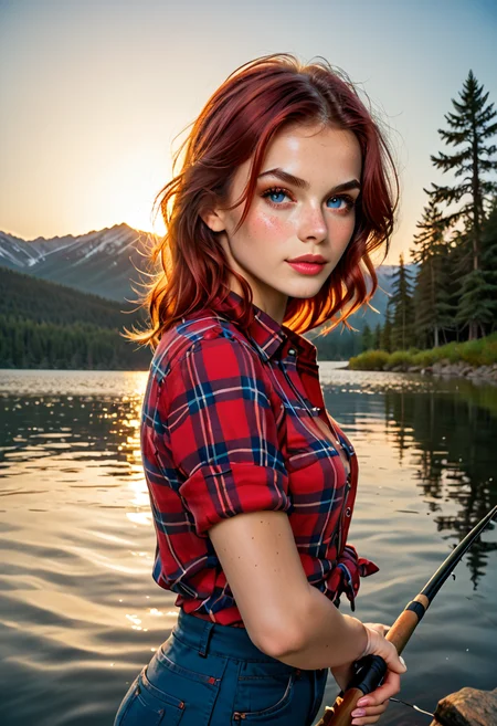 score_9, score_8_up, score_8, score_9, pov, 1girl, dynamic angle, dynamic pose, dynamic lighting, beautiful young woman, red hair, freckles, tucked in flannel shirt, blue jeans, medium breasts, (blushing), perfect anatomy, casting fishing rod, fishing with fishing rod, on idyllic lake shore in the mountains, pine trees, birds, blue sky, sun <lora:RealPrincess_v2_r1:0.8>