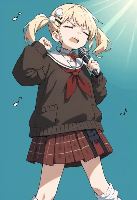 masterpiece,
best quality,
score_9,
score_8_up,
score_7_up,
source_anime,
mint background,
spotlight,
1girl,
solo,
NeneCasual,
twintail,
pom pom hair ornament,
hairclip,
brown sweater,
white sailor collar,
red neckerchief,
red skirt,
plaid skirt,
loose socks,
loafers,
holding microphone,
raised eyebrows,
angry,
open mouth,
(closed eyes:1.5),
motion line,
arm up,
clenched hand,
floating note,