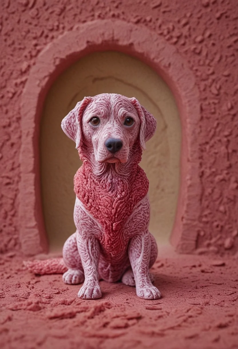 ((a cute chibby dog with big eyes made out of clay)), very detailed, 4k, sharp, eating rainbow wagyu meat made out of fractangles, novuschroma51 style, ((many meat bananas all over the place))