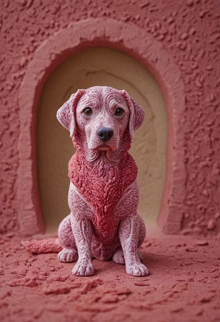 ((a cute chibby dog with big eyes made out of clay)), very detailed, 4k, sharp, eating rainbow wagyu meat made out of fractangles, novuschroma51 style, ((many meat bananas all over the place))