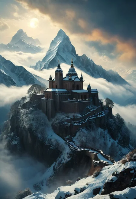 A secluded monastery in the Himalayas, perched above the clouds, serene atmosphere, breathtaking views, ethereal light, hyper-realistic, intricate architectural details, cinematic, surrounded by snow-capped peaks, tranquil scene, masterpiece digital art by Thomas Kinkade and Greg Rutkowski, 8k resolution, stunning landscape. highly detailed and hyper realistic photo, by Alena Aenami , by Archibald Thorburn , by Daniele Afferni , in the style of  monochromatic silhouette reflection,  limited dark palette, unusual dark colors, faded colors, atmospheric haze, highly dramatic cinematic lighting, motion blur, film grain,  professional, excellent composition, finest details, maximized details, ultimate detail level, masterpiece, best quality