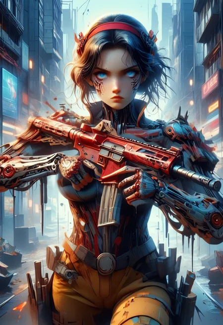 score_9, score_8_up, score_7up, (Masterpiece:1.4), (best quality:1.2), (vivid colors), cyberpunk, <lora:Neon_Splash_Art_for_Pony:1>, (Masterpiece:1.4), (best quality:1.2), (vivid colors), mad-cbrpnksplshrt, best lighting, vivid color, easynegative, full body picture, full length portrait, SnowWhiteXLP, black hair, shoulder length hair, red headband, cleavage, puffy sleeves, yellow cargo pants, corset, cybrk, cyberpunk, cyberpunk body armor, assault rifle, hold an assault rifle, ho1ding-weap0n, holding rifle, high heel boots, bright color, digital art, selective brightness, easynegative, neon lights, rainy city streets, standing in the middle of a street, blood splatter clothes, holding assault rifle, fierce expression, wet hair, blue eyes, beautiful, large breasts, view down a dirty street, trash, Post apocalyptic, Android, Futuristic image, Cyberpunk city
