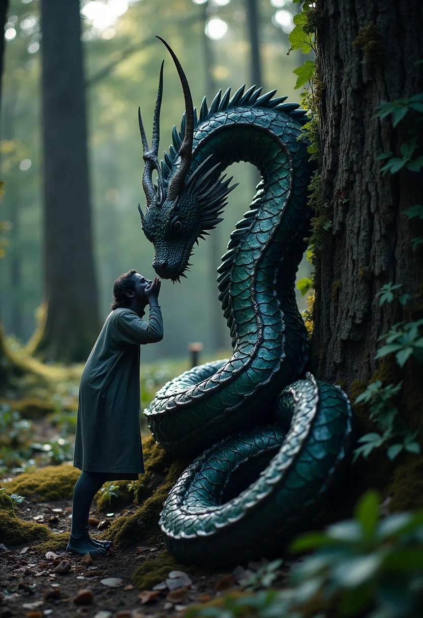 A masterpiece of (legend monster) style. ### Photo Description: "The Whispering Wyrm"**Title:** The Whispering Wyrm**Concept:** This image is a masterpiece in the style of a legendary monster, specifically focusing on the whimsical yet eerie creature known as the wyrm (a dragon-like creature from Celtic mythology). The photo captures an ethereal moment where the wyrm seems to be whispering secrets into the ear of a sleeping forest spirit.**Shooting Angle:**- **Perspective:** A low-angle shot, looking up at the towering figure of the wyrm. This creates a sense of power and grandeur, making the creature appear as if it towers over the natural world.- **Composition:** The image is set in a dense forest clearing during twilight, with dappled sunlight filtering through the trees, casting a soft glow on the scene.**Visual Elements:**1. **Wyrm:** The wyrm has long, serpentine coils that wind around a large tree trunk. Its scales shimmer with a metallic sheen under the low light, creating an almost otherworldly effect.2. **Tree Trunk:** The tree is partially wrapped in ivy and moss, adding a touch of natural decay to the scene. The wyrm's head rests gently on the tree’s branches, with its body coiled around it.3. **Forest Spirit:** A faint, ethereal figure (the forest spirit) is depicted as a small humanoid form, almost invisible against the background. It leans in closely, one ear pressed against the wyrm's snout, suggesting a moment of profound communication.4. **Lighting and Atmosphere:** The low-angle light creates long shadows and highlights the textures and details of both the wyrm and the tree. The use of backlighting on the wyrm’s head adds an aura-like quality, making it appear almost supernatural.**Color Palette:**- **Dull Greens and Browns:** Dominant colors reflecting the forest's natural hues.- **Glimmering Metal:** A hint of silver or gold in the wyrm’s scales for a magical touch.- **Soft Blues and Purples:** Subtle hints of twilight, adding depth and mystery.**Emotional Tone:**The image evokes a sense of awe and wonder, as if witnessing an ancient, almost mythical event. The interplay between the natural world and the legendary wyrm creates a mystical atmosphere, inviting viewers to ponder the secrets shared in that moment. HD32K, hyperdetailed, best quality, aidmaMJ6.1.