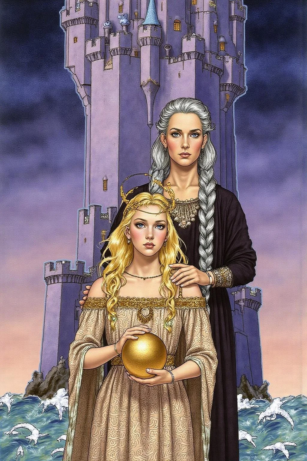 jole1 illustration.
Two women standing in front of a towering, dark grey castle with multiple turrets and battlements, set against a twilight sky transitioning from deep purple to dark blue. On the left is a young woman with long, wavy blonde hair adorned with a gold circlet and a delicate headband. She hold a golden sphere in her hand. A tall woman with braided silver hair is standing behind the young woman. <lora:jole1_cap_d6a3e12:1.0><lora:825866024541848504:0>