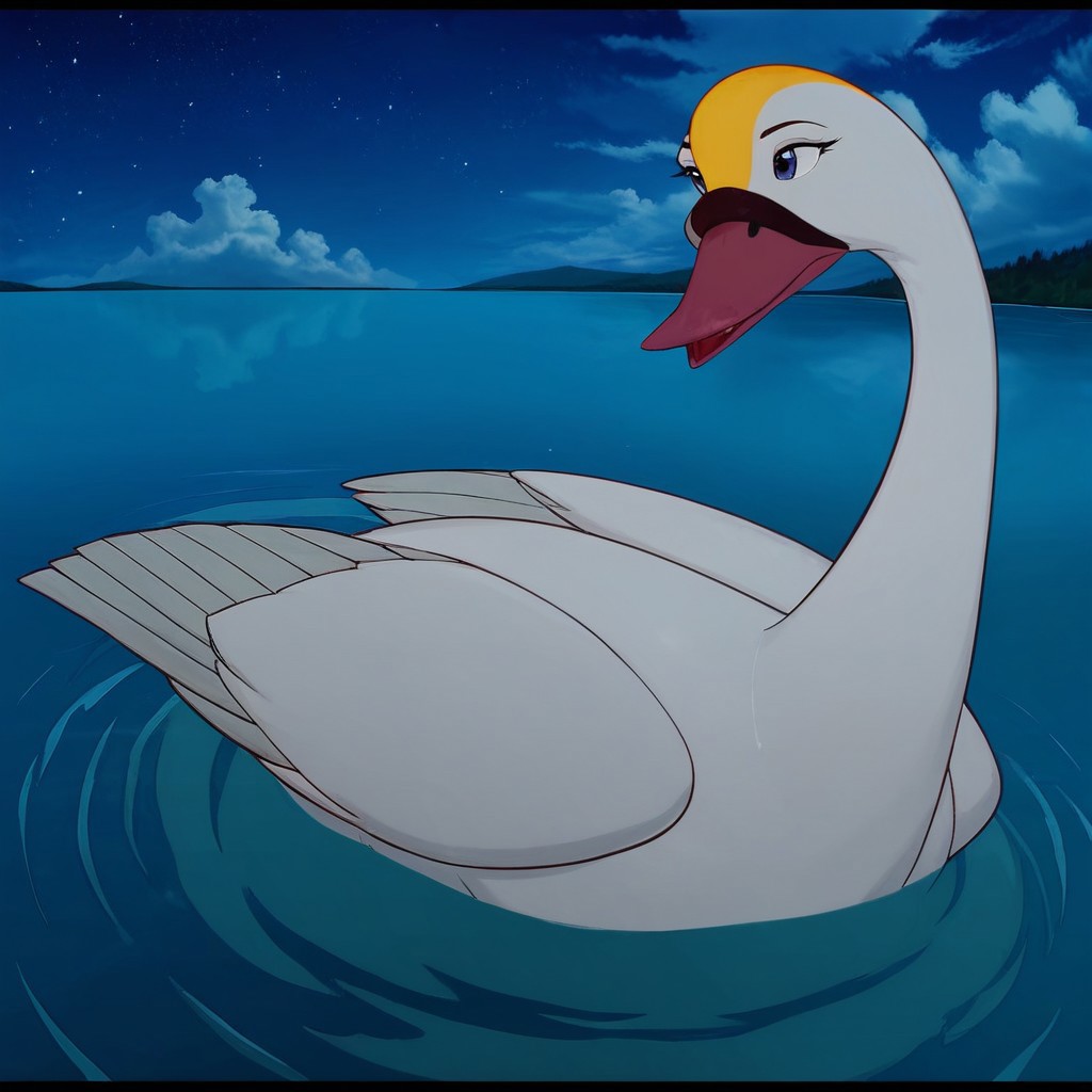 score_9, score_8_up, score_7_up, score_6_up, score_5_up,  j_cartoon, highly detailed, ((detailed shaders)), BREAK, Odette, ((Fera)), Swan, tongue, night sky, letterbox, yellow spot on head, night, lake, floating on lake, odette, blue eyes, feathered, white swan, sky, cloud, water, non-human, outdoors, ripples, starry sky, closed mouth, fish, full body