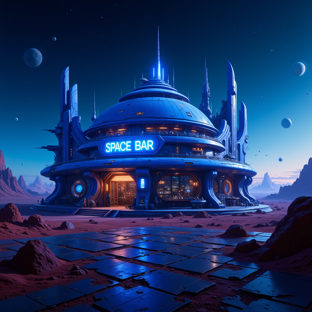 The futuristic bar building located on a distant planet. The blue neon sign reads "SPACE BAR".
<lora:artilands:0.8>