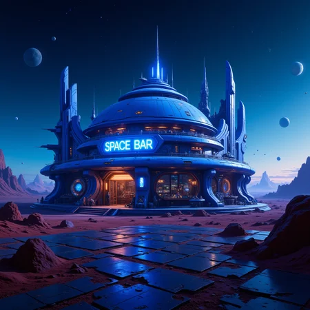 The futuristic bar building located on a distant planet. The blue neon sign reads "SPACE BAR".
<lora:artilands:0.8>