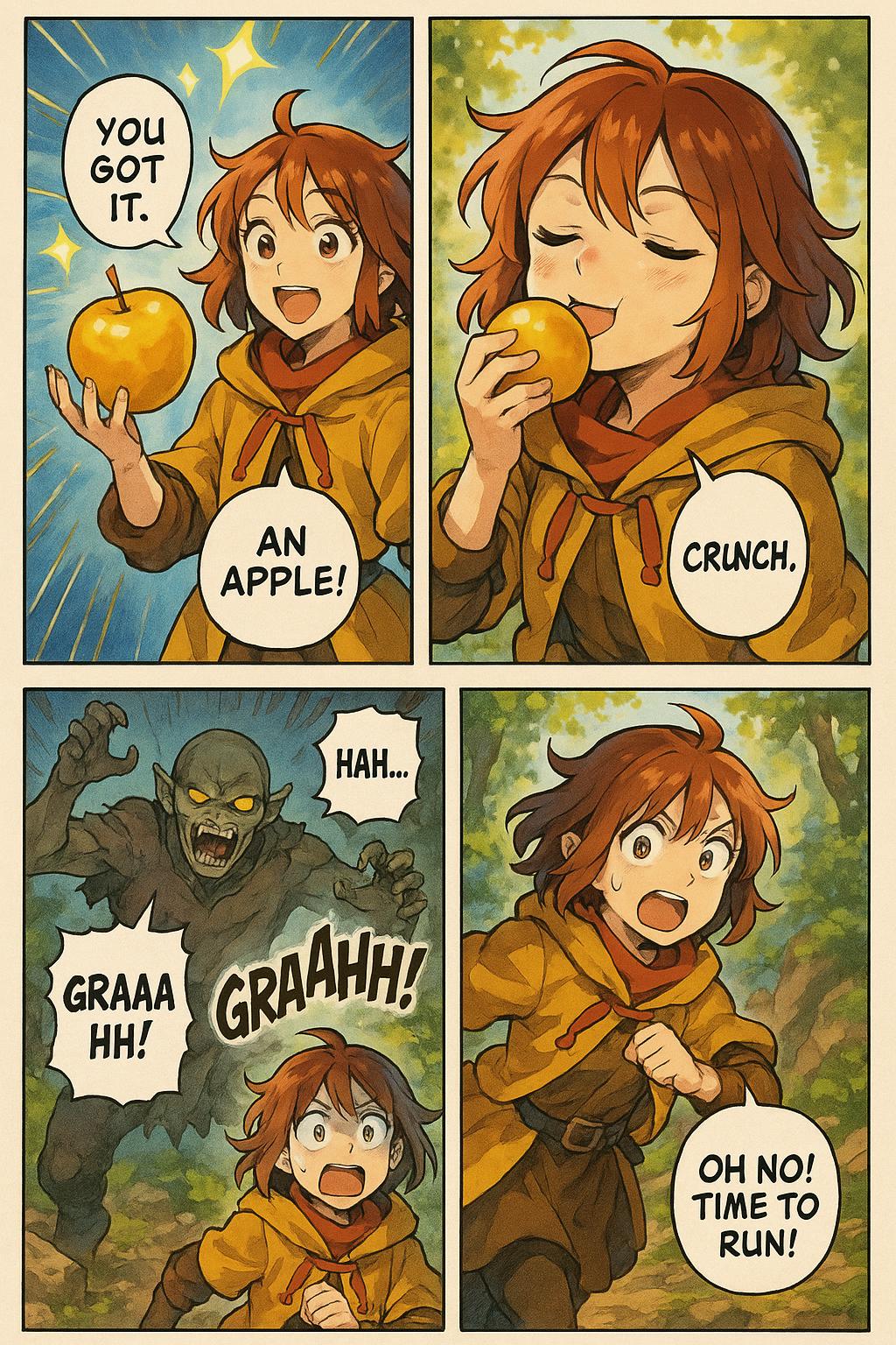 create a creative manga page with full color and creative expressions. The english text should be accurate with creative story telling of a scene. the drawing style is official art full color page quality