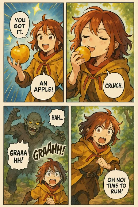 create a creative manga page with full color and creative expressions. The english text should be accurate with creative story telling of a scene. the drawing style is official art full color page quality