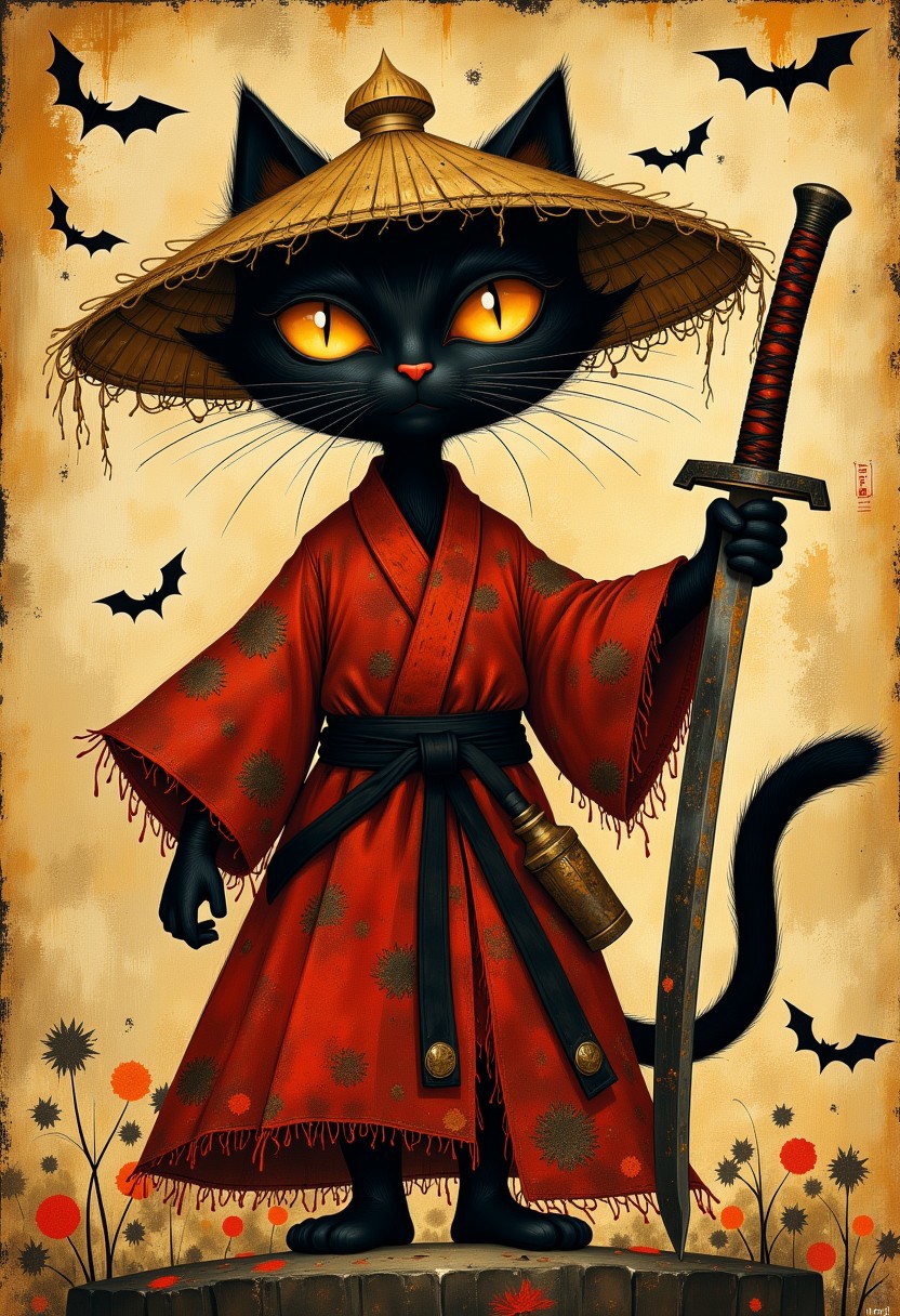 vantablack, unfazed_ins_by_R.Wachtmeister,, Unfazedfantasii
photorealistic masterwork digital painting, hyper-realistic, Flat art. Oil drawing,
 BREAK,
A mystical black cat warrior with large, glowing orange eyes, standing in a dramatic pose. The cat has sleek, dark fur and wears a tattered red samurai robe, tied with a black belt. It holds a worn-out katana, slightly tilted, with a dark, weathered handle. The cat wears a traditional straw hat (kasa) that appears aged and frayed, with strands of straw hanging down. The background features an ancient parchment-like texture with ink splatters, faint Japanese calligraphy, and small bats flying around, adding to the dark fantasy atmosphere. The cat's tail is curved and slightly raised, enhancing its fierce, yet elegant stance. The setting is mysterious and somewhat gothic, evoking elements of dark fantasy, anthropomorphic art, and samurai aesthetics.
 The art style is highly detailed, cinematic, and fantasy-inspired, with a focus on dramatic lighting, soft glows, and a slightly dark, mystical mood.