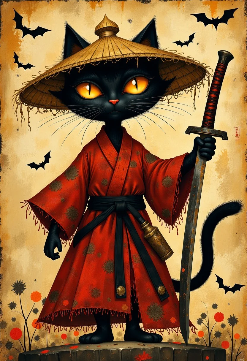 vantablack, unfazed_ins_by_R.Wachtmeister,, Unfazedfantasii
photorealistic masterwork digital painting, hyper-realistic, Flat art. Oil drawing,
BREAK,
A mystical black cat warrior with large, glowing orange eyes, standing in a dramatic pose. The cat has sleek, dark fur and wears a tattered red samurai robe, tied with a black belt. It holds a worn-out katana, slightly tilted, with a dark, weathered handle. The cat wears a traditional straw hat (kasa) that appears aged and frayed, with strands of straw hanging down. The background features an ancient parchment-like texture with ink splatters, faint Japanese calligraphy, and small bats flying around, adding to the dark fantasy atmosphere. The cat's tail is curved and slightly raised, enhancing its fierce, yet elegant stance. The setting is mysterious and somewhat gothic, evoking elements of dark fantasy, anthropomorphic art, and samurai aesthetics.
The art style is highly detailed, cinematic, and fantasy-inspired, with a focus on dramatic lighting, soft glows, and a slightly dark, mystical mood.