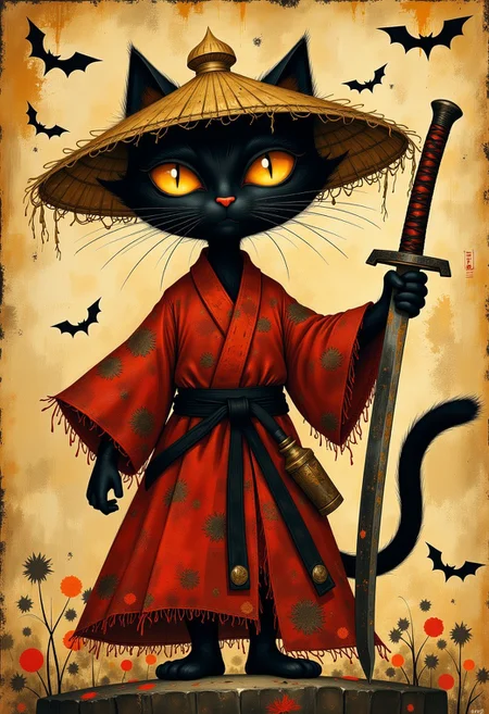 vantablack, unfazed_ins_by_R.Wachtmeister,, Unfazedfantasii
photorealistic masterwork digital painting, hyper-realistic, Flat art. Oil drawing,
BREAK,
A mystical black cat warrior with large, glowing orange eyes, standing in a dramatic pose. The cat has sleek, dark fur and wears a tattered red samurai robe, tied with a black belt. It holds a worn-out katana, slightly tilted, with a dark, weathered handle. The cat wears a traditional straw hat (kasa) that appears aged and frayed, with strands of straw hanging down. The background features an ancient parchment-like texture with ink splatters, faint Japanese calligraphy, and small bats flying around, adding to the dark fantasy atmosphere. The cat's tail is curved and slightly raised, enhancing its fierce, yet elegant stance. The setting is mysterious and somewhat gothic, evoking elements of dark fantasy, anthropomorphic art, and samurai aesthetics.
The art style is highly detailed, cinematic, and fantasy-inspired, with a focus on dramatic lighting, soft glows, and a slightly dark, mystical mood.