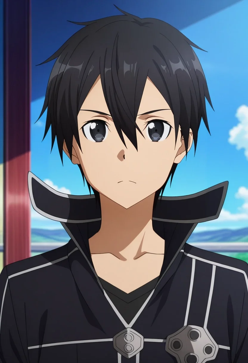 masterpiece, best quality, , anime screencap, anime coloring, official style, , 1boy, solo, male focus, <lora:kazuto_kirigaya_ilxl:1>, kazuto_kirigaya, kirito, black hair, black eyes, short hair, hair between eyes, ,