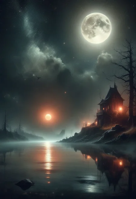 gradient night, dark black moody, (jankyard:1.2), distant small moon, desolate lake, 8k, hdr, high contrast, black and orange