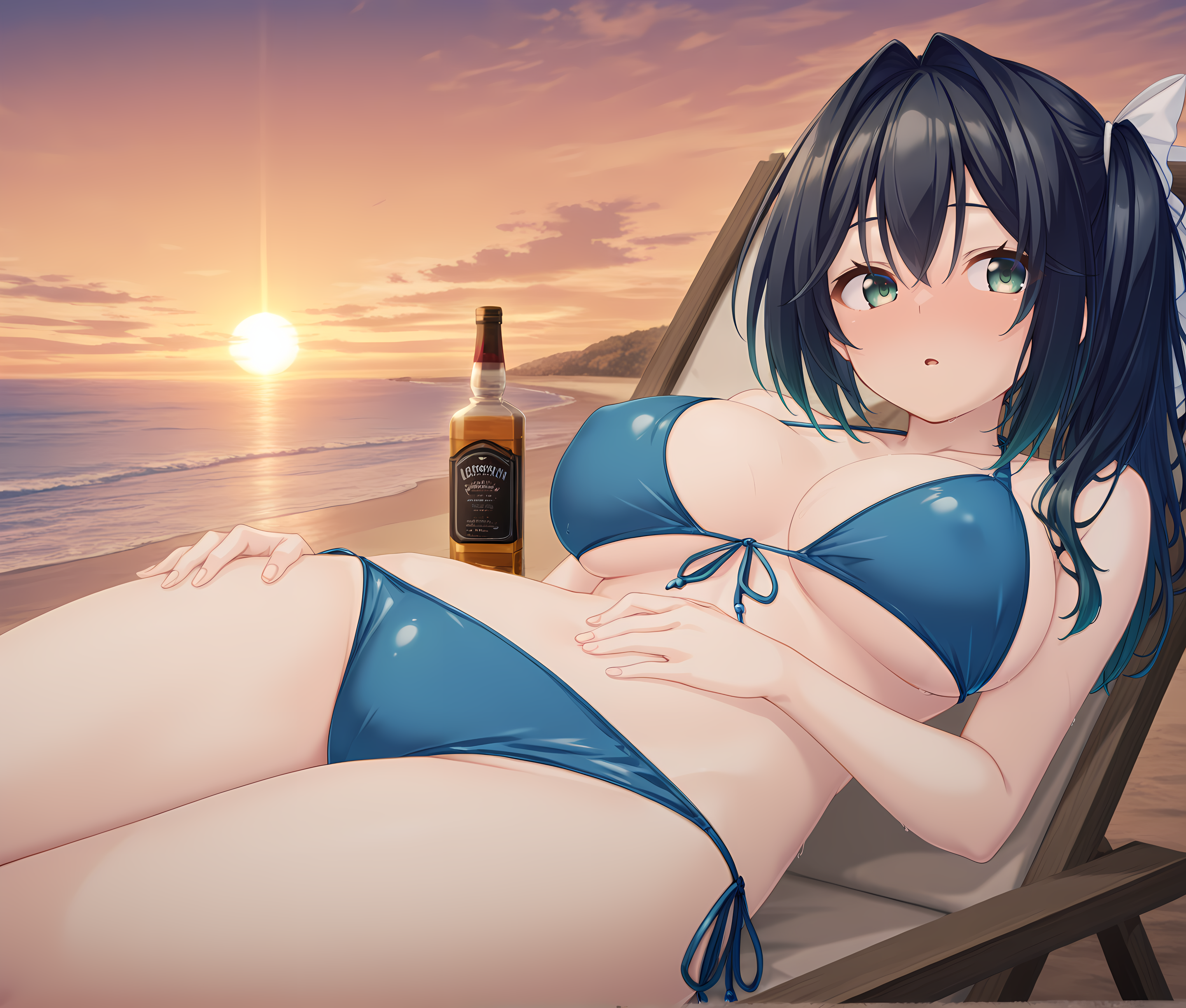 <lora:Ryugato_Yachiyo:0.8>,yachiyo with black hair,green eyes,long hair,hair ribbon,side ponytail,hair intakes,hair between eyes,large breasts,blush,solo,cowboy shot,beach,on chair,lounging,presenting,bikini,blue bikini,front-tie top,side-tie bikini bottom,parted lips,sideways glance,sunset,alcohol,, masterpiece,best quality,amazing quality, very aesthetic, absurdres,detailed eyes,ultra-detailed,