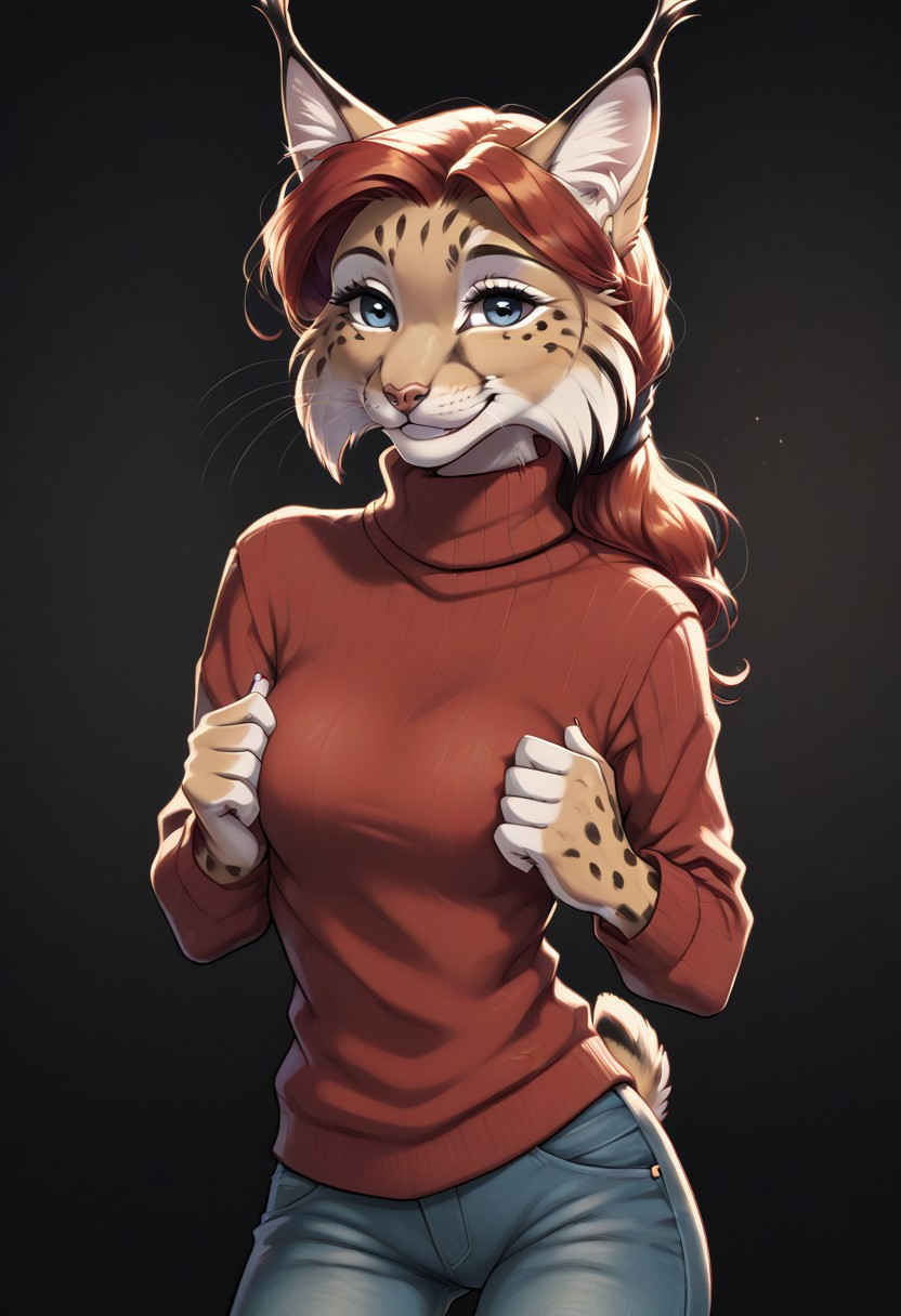 digital_media_(artwork) hi_res, score_9, score_7_up, score_6_up, source_furry, rating_safe, anthro, furry, female, furry female, detailed textured fur, fur tufts, lynx, red hair, blonde brown fur, spots, beautiful blue eyes, medium breasts, covered breasts, slim, slender, turtleneck sweater, denim jeans, smile, SFW,