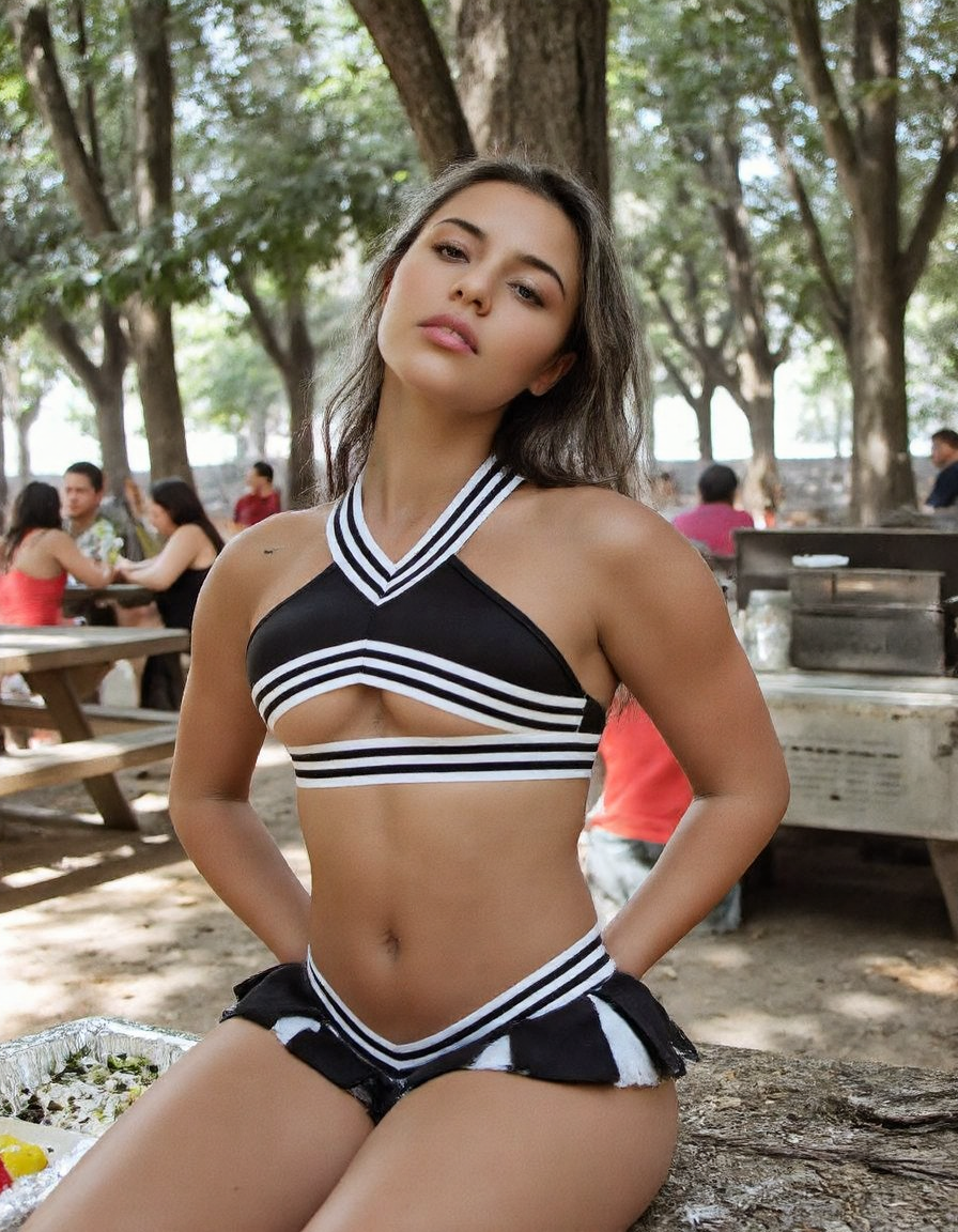 a beautiful 20 year old woman wearing a black and white cheerleading outfit. Ash gray hair, Soft and romantic curls, Hands clasped behind her back, head tilted to one side with a playful smirk playing on her lips, she channels an air of confident seduction that is impossible to resist, park, picnic area with tables and benches, people enjoying meals, a barbecue grill in the background, families and friends gathering, <lora:yandy-varsity-vixen:1> varsity_vixen, <lora:iphone-dev-7:0.8> <lora:amateurphoto-6version:0.8> <lora:Phlux:0.4> <lora:UltraRealPhoto:0.4>