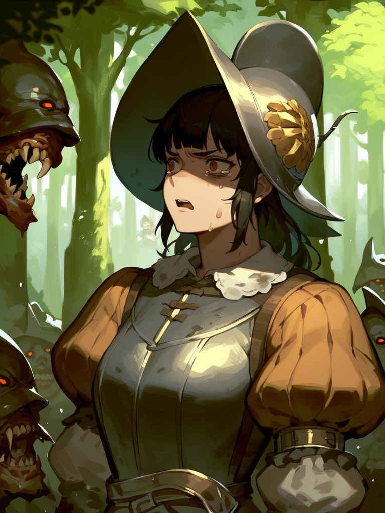 score_9,score_8_up,score_7_up,source_anime,<lora:conquistador_pony:1>,conquistador,1girl,forest,dirty face,bangs,sweat,puffy sleeves,surrounded by monsters,looking away,open mouth,tearing,surprised,
