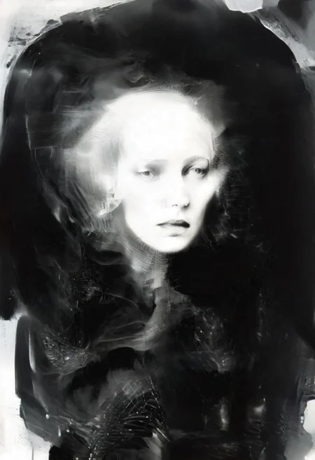 Monochrome black and white, Dali, Magritte, Delvaux, Bellmer, Malevitch, Rodchenko, Mondrian, Kandinsky, Popovna, psychedelic hallucination, pop surrealism, rough crosshatch drawing pop art Lunatic_Portrait of a young woman in latex Avant-garde Fashion page, slick back, low bun, black makeup, sinister expression, intense glare, avant-garde, abstract, weird, geometric, constructivism, suprematism, rayonism, verticism, lineism, tj
