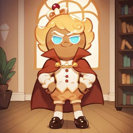 score_9, score_8_up, score_7_up,  ckcustardiii, male, solo, brown skin, golden blonde hair, azure eyes, white eyebrows, short, crown, white blouse, puffy brown shorts, red cape, brown shoes, standing, smirk, hands on hips, indoors, living room